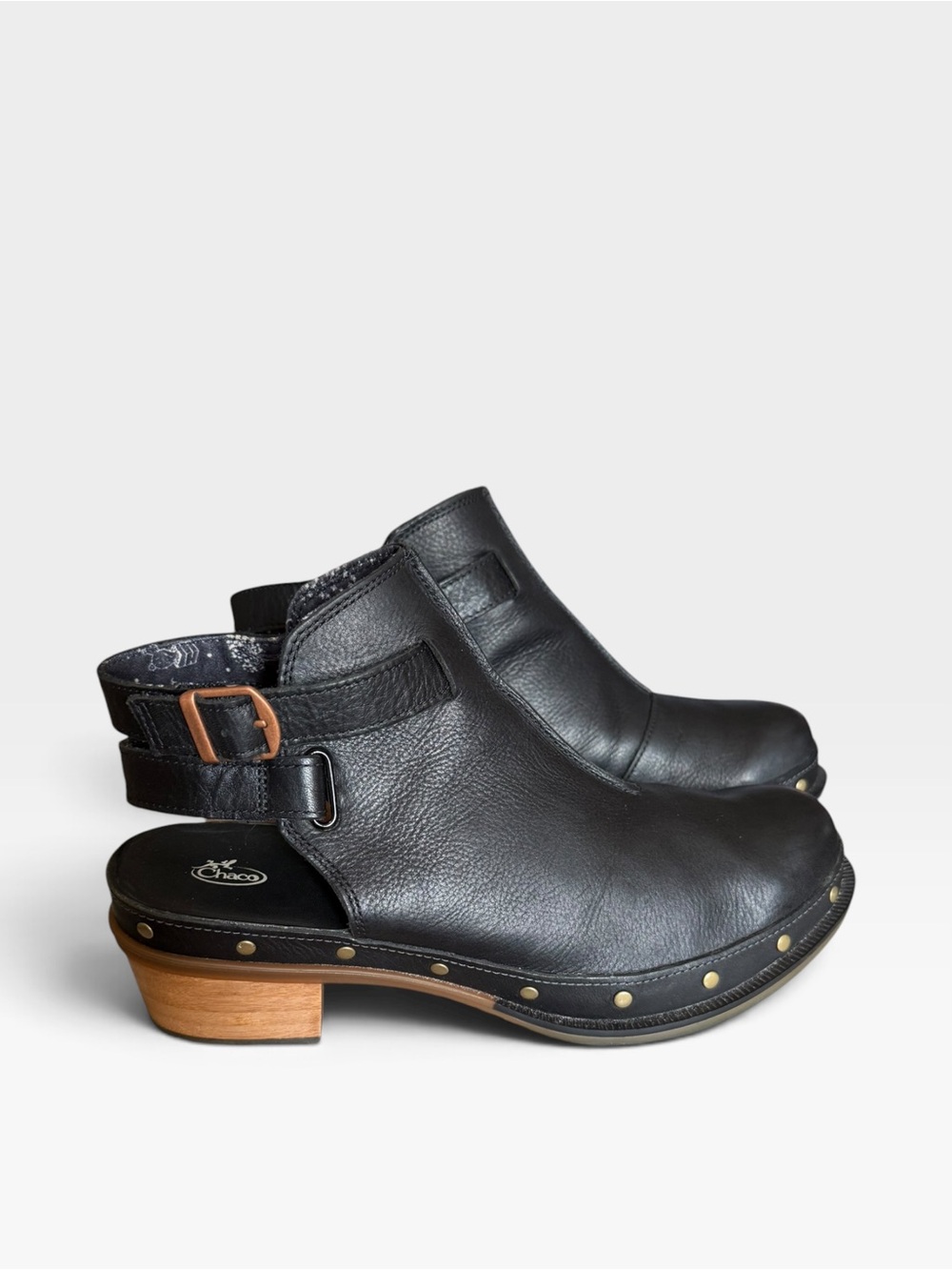 Chaco Black Leather Studded Clog Mule with Wood Heel